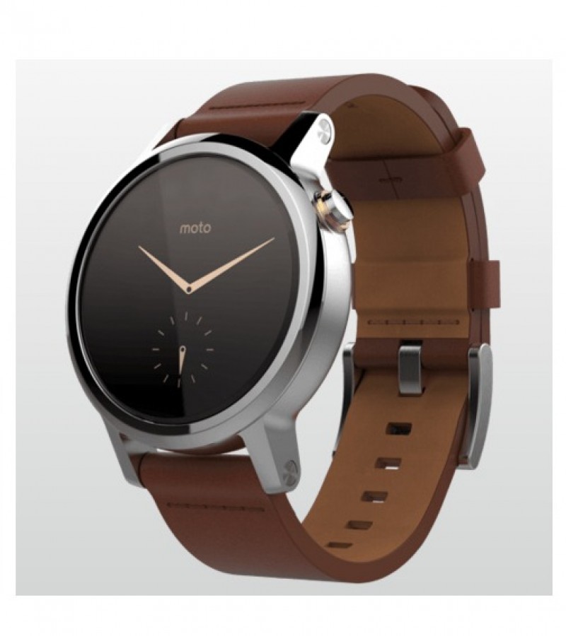 Motorola Moto 360 42mm (2nd gen) Men Silver Case Silver Chamfer Bezel Cognac Leather Band